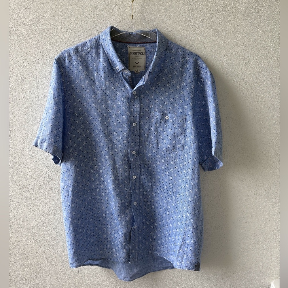 Heritage 100% Linen Men’s Size XL Button Down Blue Anchor Shirt‎ Beach Cruise